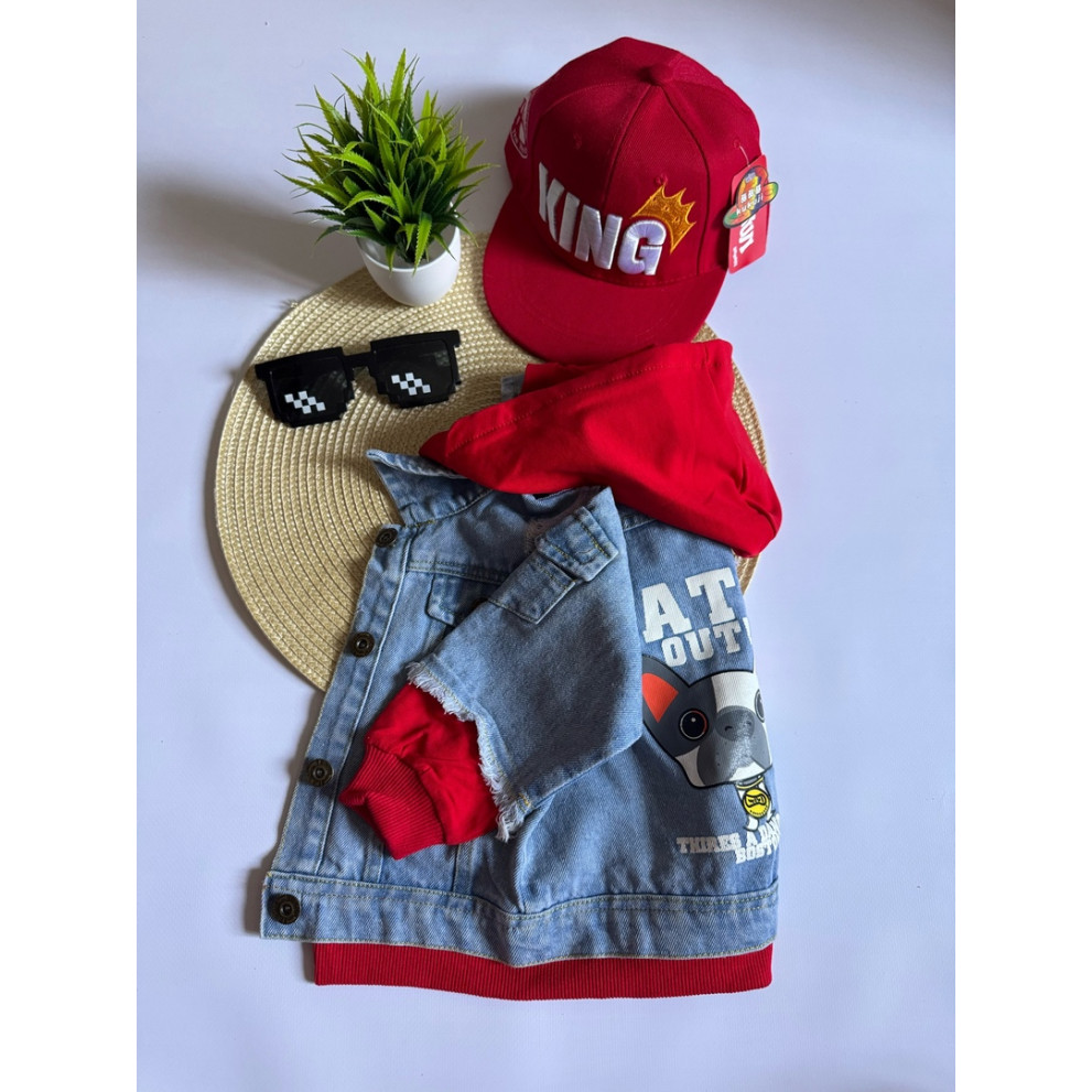 Джинсівка Watch out з червоними вставками 10538