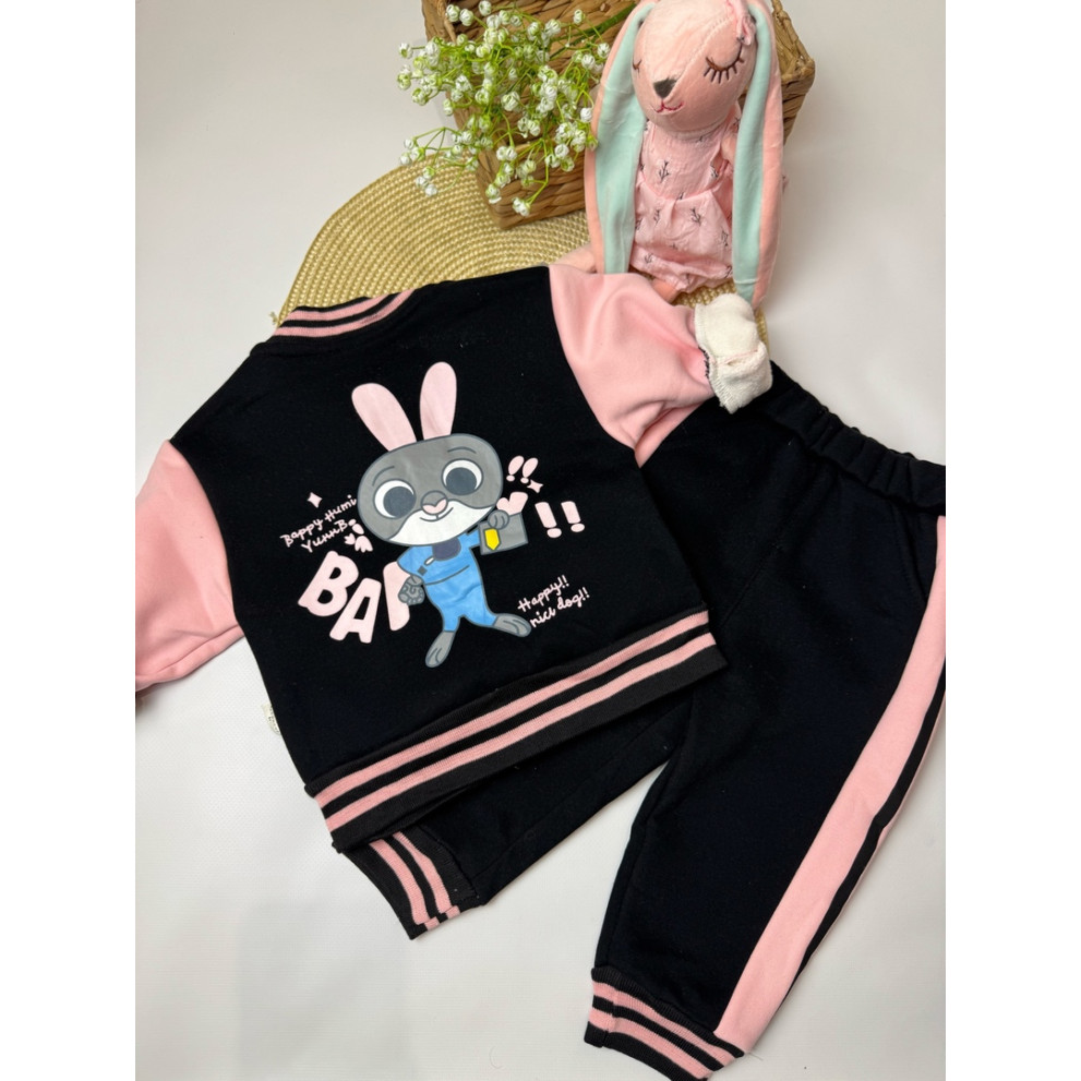 Утеплений костюм з зайчиком для дівчинки чорний 10659