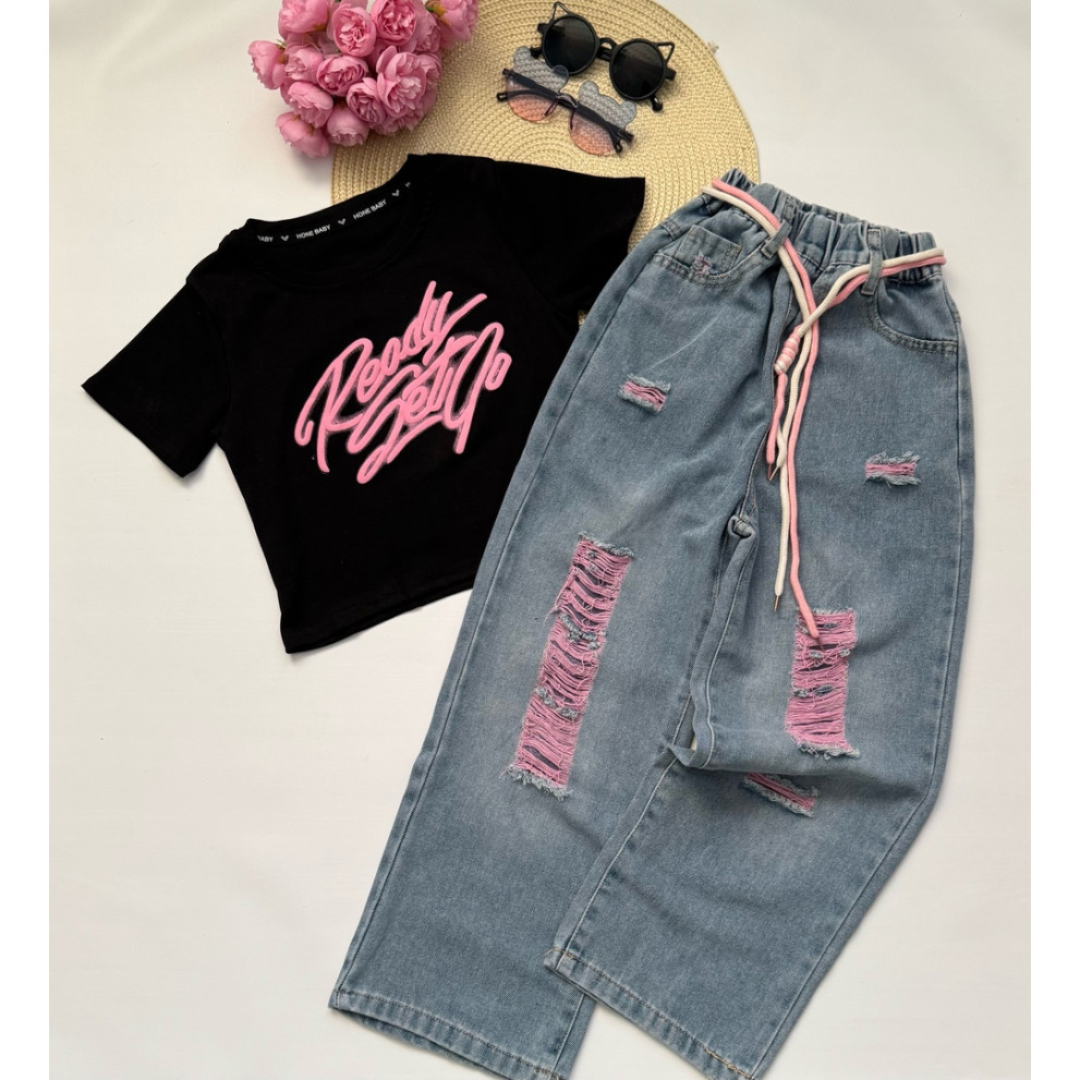 Комплект для дівчинки чорна футболка і джинси 10789 Комплект для дівчинки чорна футболка і джинси 10789