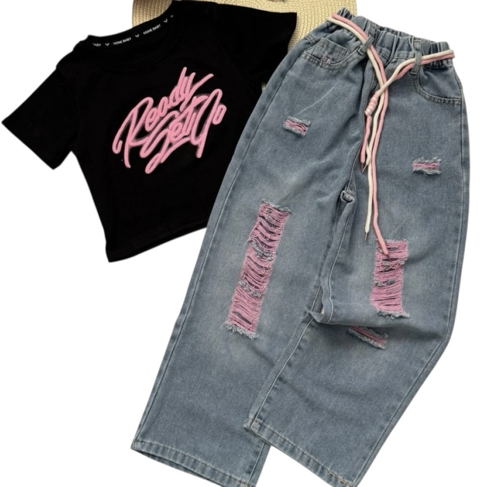 Комплект для дівчинки чорна футболка і джинси 10789 Комплект для дівчинки чорна футболка і джинси 10789