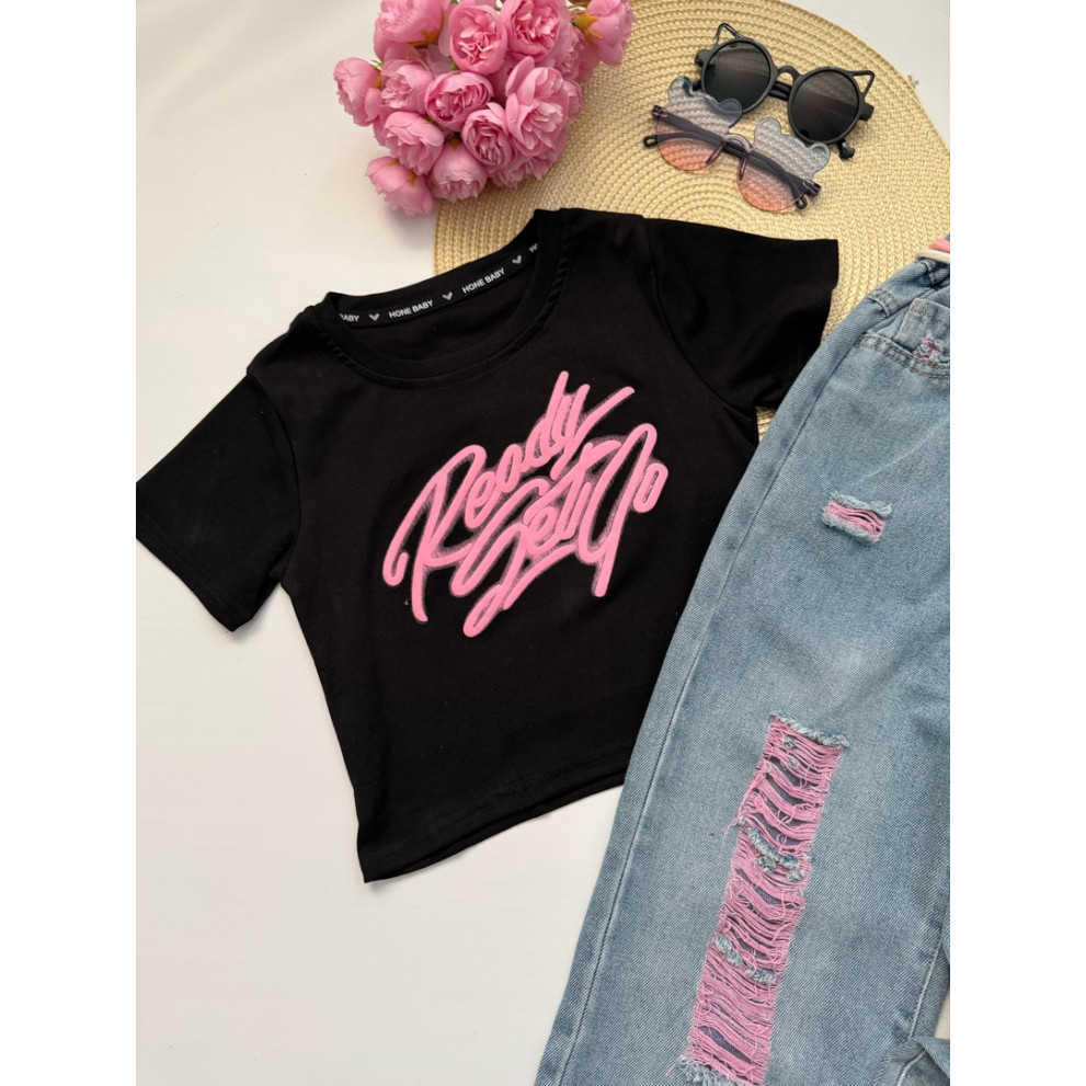 Комплект для дівчинки чорна футболка і джинси 10789 Комплект для дівчинки чорна футболка і джинси 10789