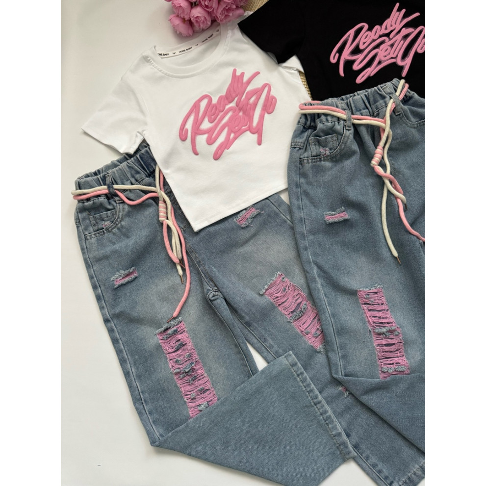 Комплект для дівчинки біла футболка і джинси 10790 Комплект для дівчинки біла футболка і джинси 10790