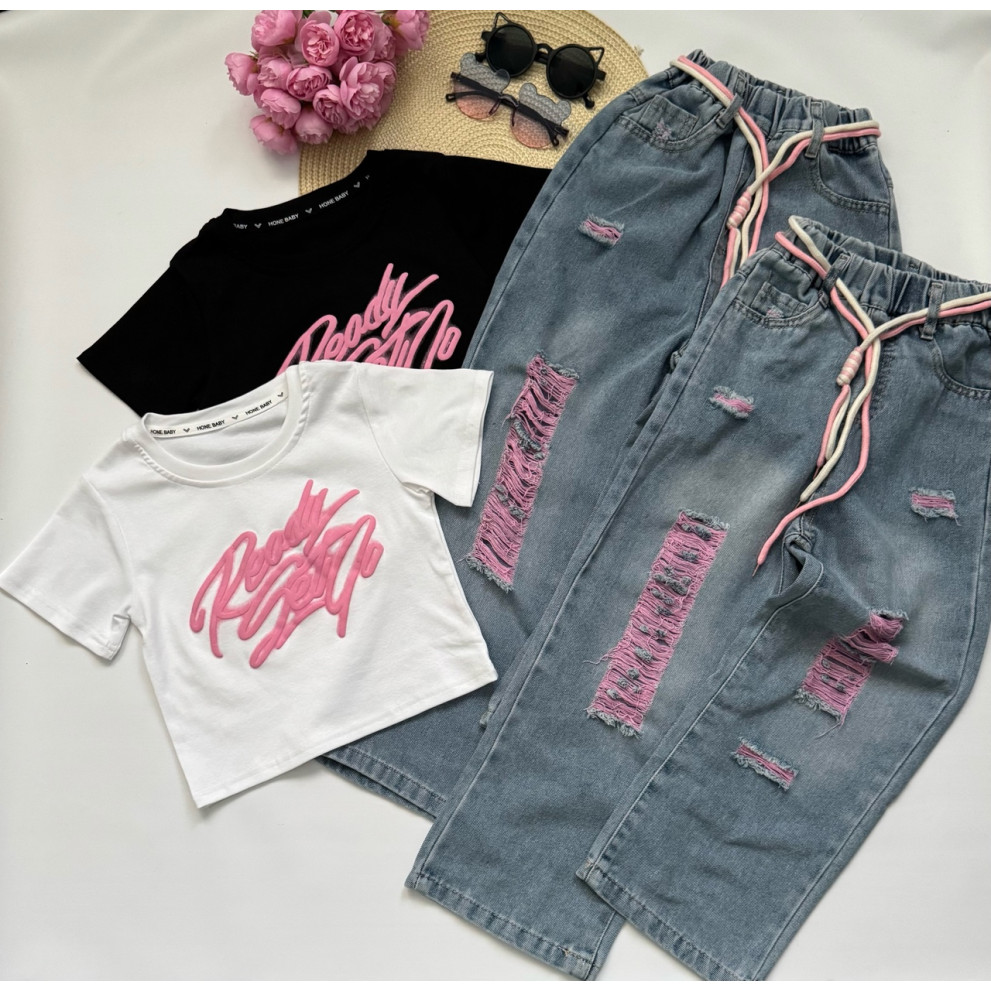 Комплект для дівчинки біла футболка і джинси 10790 Комплект для дівчинки біла футболка і джинси 10790