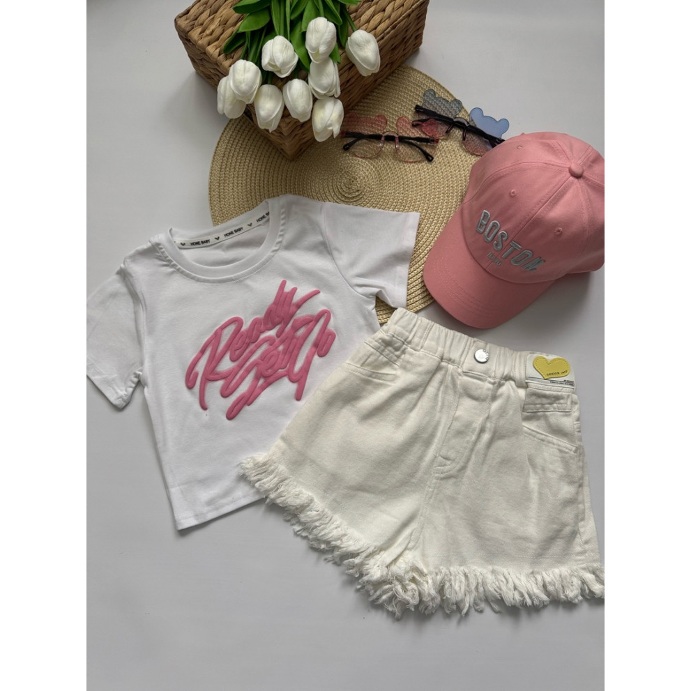 Костюм для дівчинки на літо стильний біла футболка і білі шорти 10794