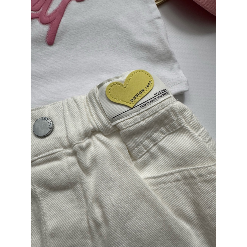 Костюм для дівчинки на літо стильний біла футболка і білі шорти 10794