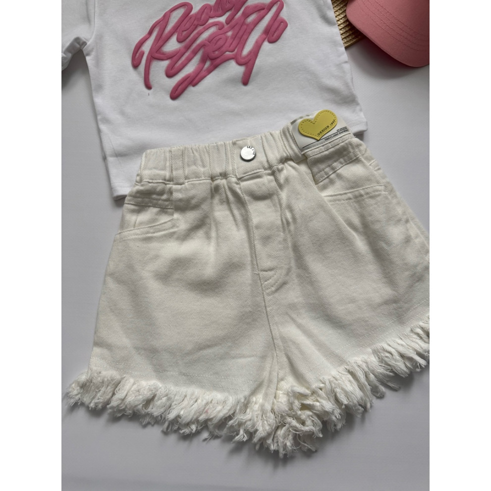 Костюм для дівчинки на літо стильний біла футболка і білі шорти 10794