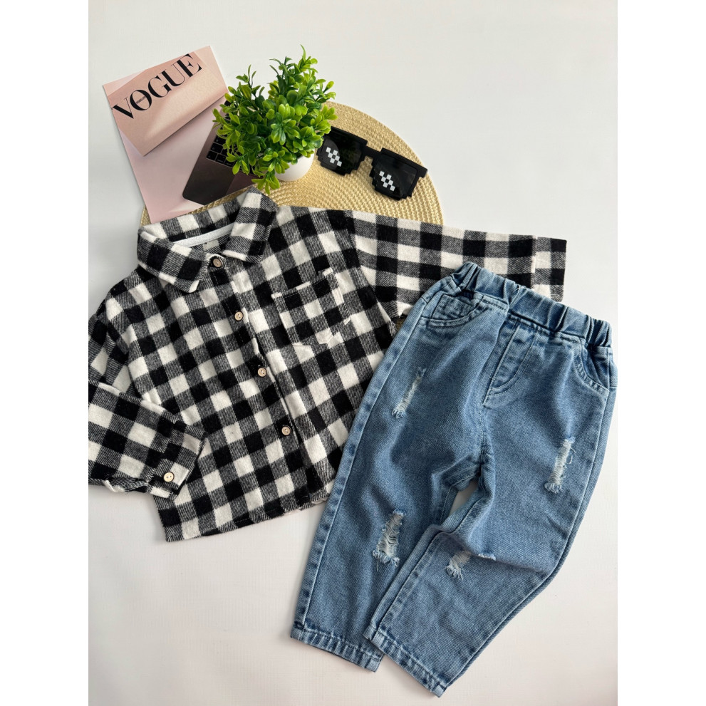 Сорочка для хлопчика стильна чорно-біла в клітинку 10879 Сорочка для хлопчика стильна чорно-біла в клітинку 10879