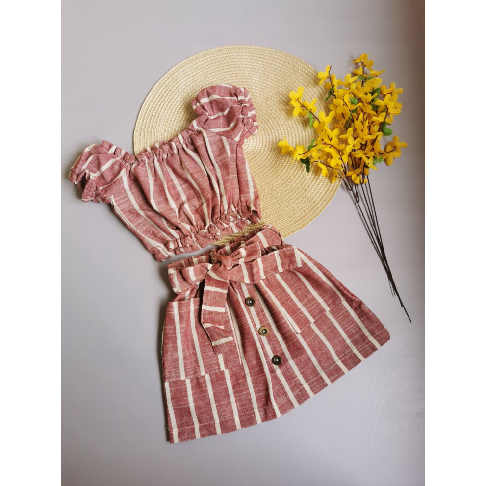 Комплект для дівчинки топ і спідничка в полоску червоний 10068