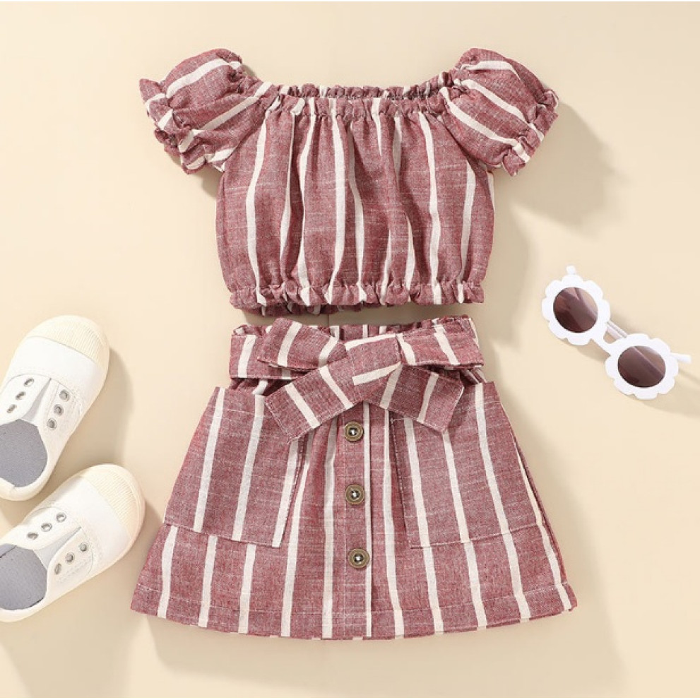 Комплект для дівчинки топ і спідничка в полоску червоний 10068