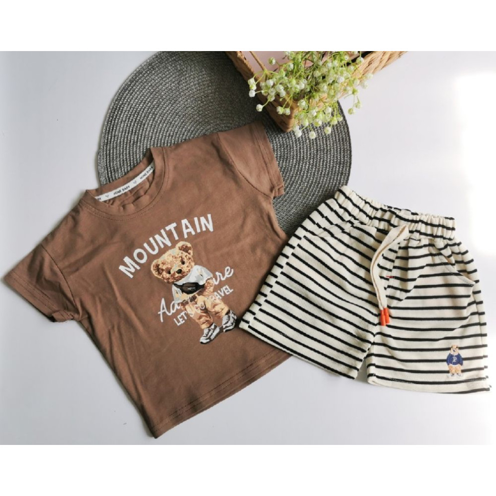 Костюм на літо хлопчику з ведмедиком Mountain коричнева футболка і шорти в полоску 10498