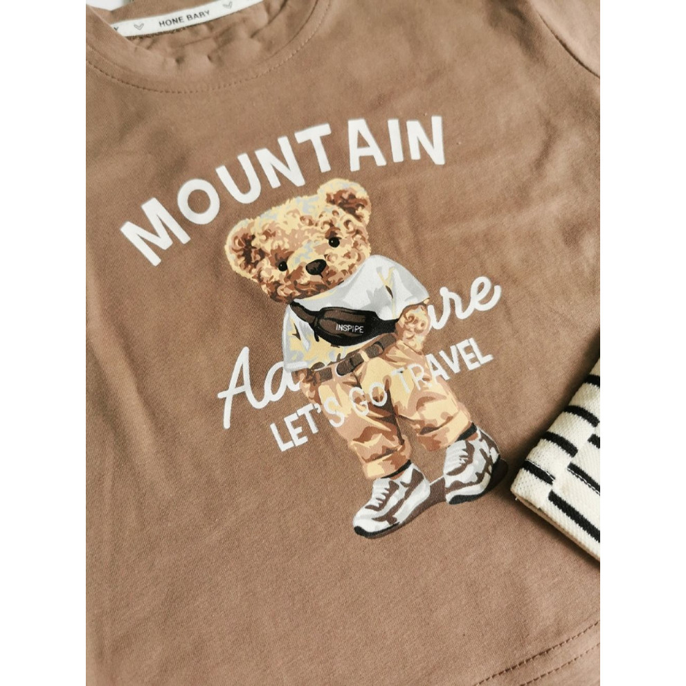Костюм на літо хлопчику з ведмедиком Mountain коричнева футболка і шорти в полоску 10498