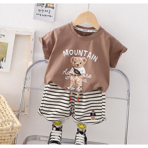 Костюм на літо хлопчику з ведмедиком Mountain коричнева футболка і шорти в полоску 10498