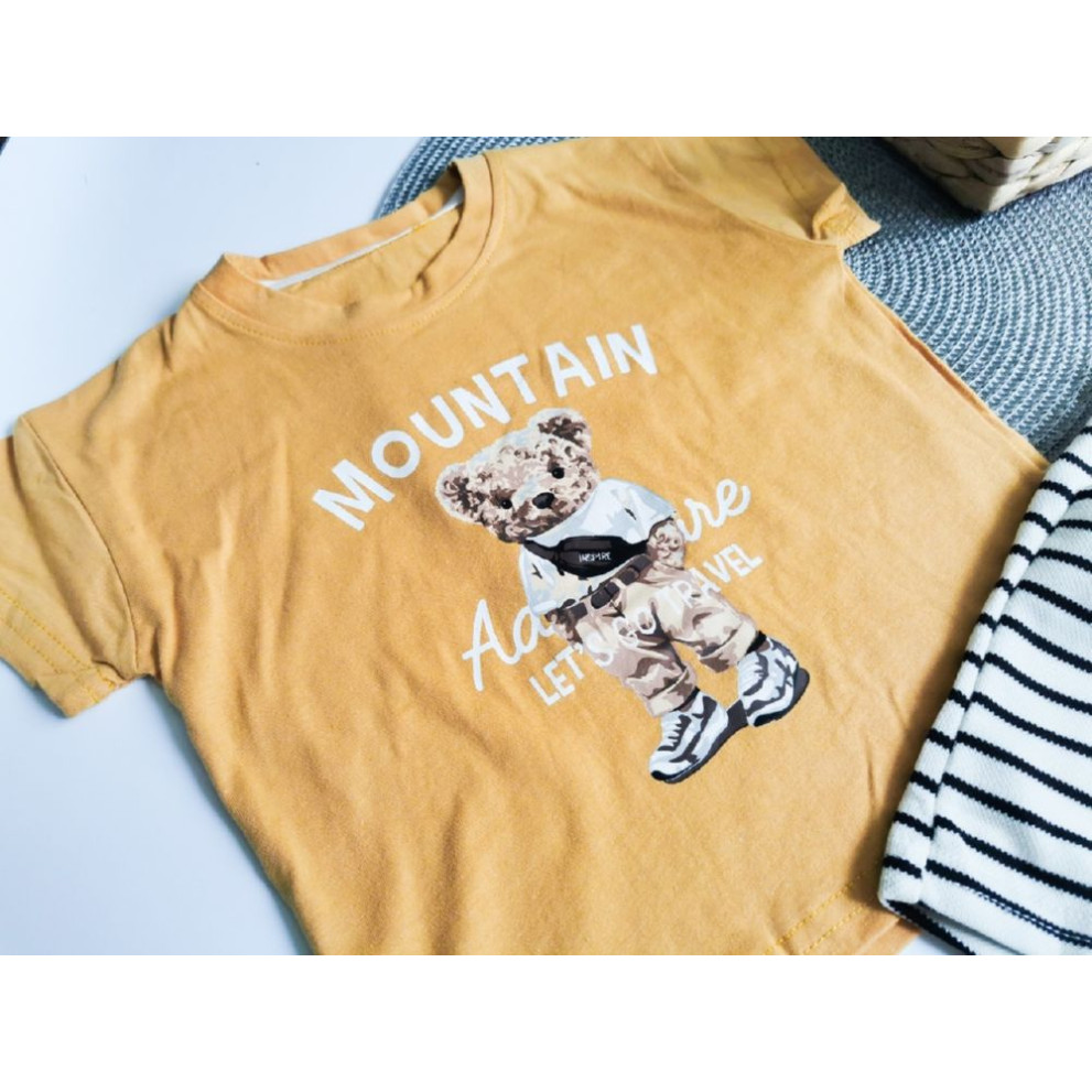 Костюм на літо хлопчику з ведмедиком Mountain жовта футболка і шорти в полоску 10499