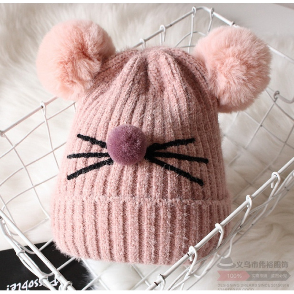 Шапка дитяча вовняна з вушками рожева